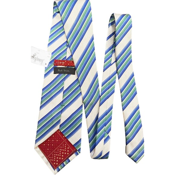 NEW Paul Smith Striped Silk Tie!White With Blue & Green StripesMADE IN ITALY